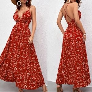 Boho red floral print crisscross open back maxi dress